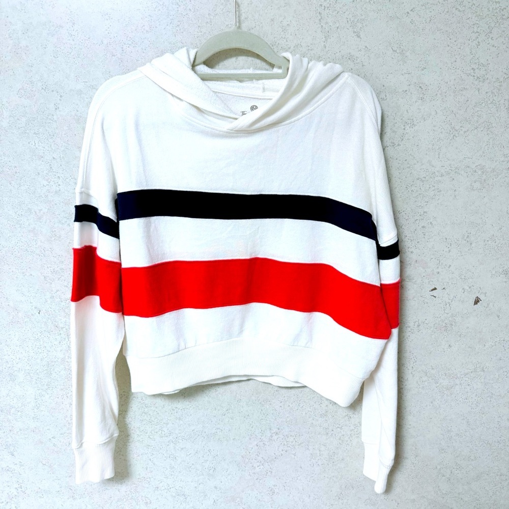 SO LOUNGE LIFE XS WOMENS CROPPED OVERSIZED HOODIE WHITE RED BLUE BOXY SWEATSHIRT